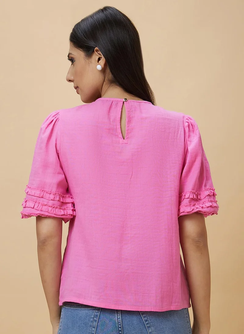 globus Globus Women Pink Round Neck Puff Sleeve Ruffled Pure Cotton Top